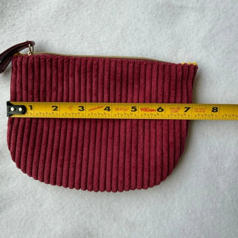 Ipsy Corduroy Makeup Bag Yellow burgundy Pleasted  Zip Cosmetic pouch